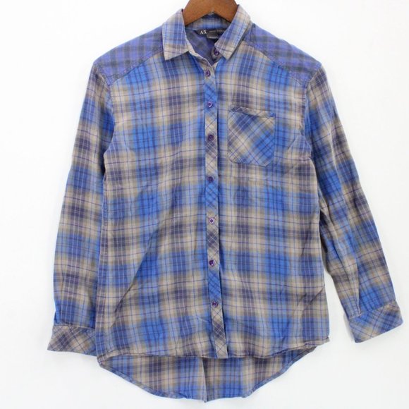 AX Armani Exchange Flannel Shirt Womens Blue Plaid Button Down Collared XS - Picture 1 of 10